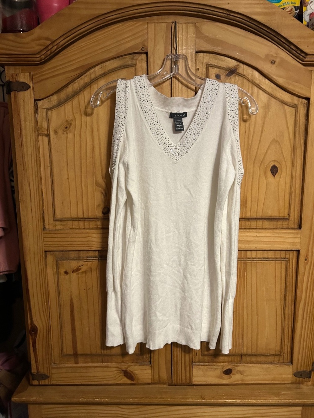 Lola B White Sweater with Rhinestones